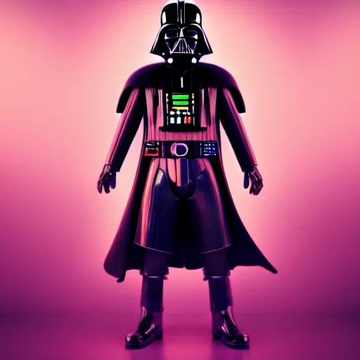 Image similar to candypunk darth vader, character design, high quality digital art, render, octane, redshift, volumetric lighting, oled