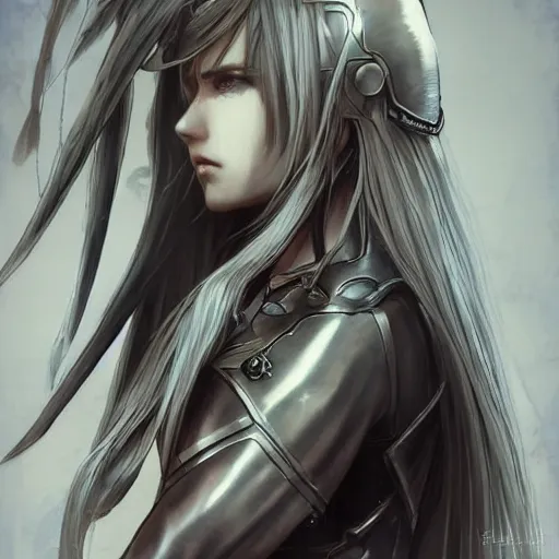 Image similar to realistic full body character design character design of an anime girl with long white hair wearing Elden Ring armor with engraving in the style of Yoji Shinkawa, noisy film grain effect, highly detailed, Renaissance oil painting, weird portrait angle, blurred lost edges, three quarter view