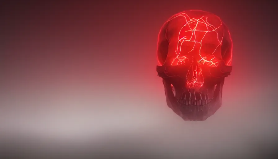 Image similar to Photorealistic Skull covered in thin red strings Surrounded by thick fog and clouds that glow from lights in the distance, volumetric lighting, haze, atmosphere, magical lighting, digital art, wallpaper, octane, redshift