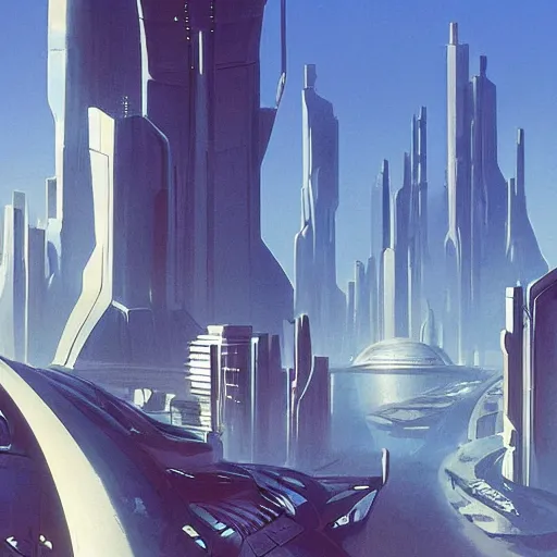 Image similar to futuristic city seen from afar from a wasteland, daylight, blue sky, cinematic lighting, blue sky, syd mead, john harris