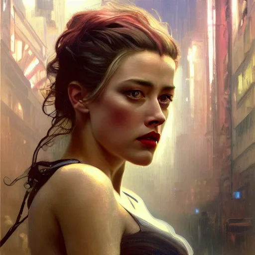 Prompt: hyperrealistic portrait of a woman as amber heard on a bladerunner street the art of elysium by jeremy mann and alphonse mucha, fantasy art, photo realistic, dynamic lighting, artstation, poster, volumetric lighting, very detailed faces, 4 k, award winning