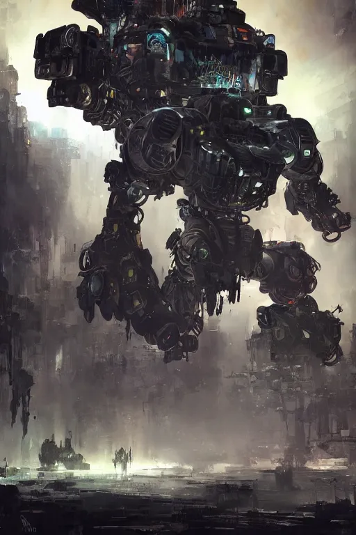 Image similar to ink acid shadow mech warrior, painted by erol otus and david thierree and dan adkins and john berkey, trending on artstation, volumetric lighting macro view muted colors, iridescent colors, dark academia, symbolism, brushwork