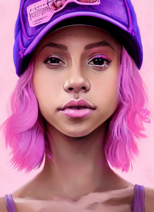 Image similar to portrait of vanessa morgan, teenage girl, pink hair, wavy pixie haircut, purple newsboy cap, fluffy pink hair coming out from under cap, hoop earrings, confident, energetic, spunky, intricate, elegant, glowing lights, highly detailed, digital painting, artstation, concept art, sharp focus, illustration, art by wlop, mars ravelo and greg rutkowski