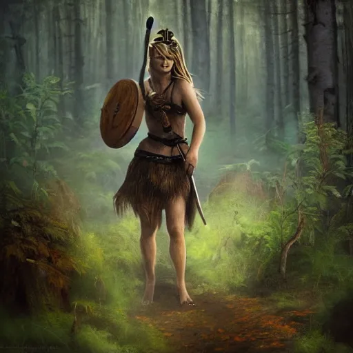 Prompt: a smiling viking shadow behind her a blurred forest, detailed and realistic painting, atmosphere, dynamic, expressions, cinematic