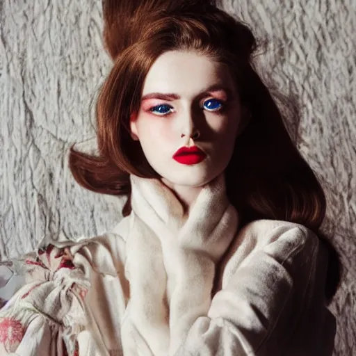 Prompt: beautiful pale brunette with giant soft dreamy eyes. Communist Fashion editorial.