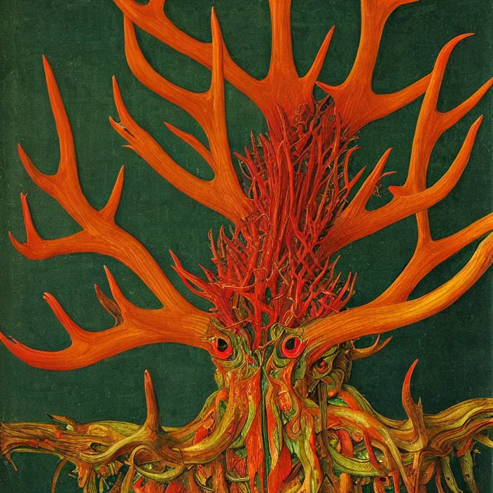 Image similar to close up portrait of a mutant monster creature with ten antlers growing in fractal forms, face in the shape of a colorful exotic carnivorous plant. by jan van eyck, audubon