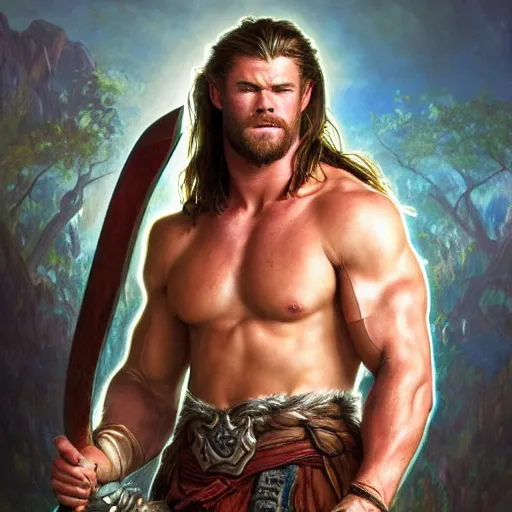 Prompt: portrait of Chris Hemsworth as a shirtless barbarian wielding a greataxe, Blizzard, World of Warcraft, by artgerm and greg rutkowski and alphonse mucha and andrei riabovitchev, 4k oil on linen, vivid colors, colorful, high dynamic range, HDR, intricate, elegant, highly detailed, digital painting, artstation, concept art, smooth, sharp focus, illustration