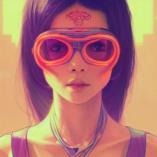Prompt: Vietnamese woman, neck tattoos, pastel pink and orange skin tones, electronic, cyberpunk eye wear, UI text, sci-fi, Arstation by Artgerm and greg rutkowski and alphonse mucha