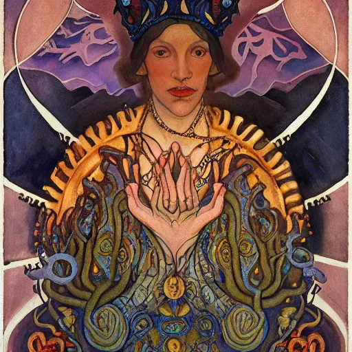 Prompt: the tentacle crown, by Annie Swynnerton! and Nicholas Roerich and (((Diego Rivera))), bioluminescent skin, tattoos, elaborate costume, geometric ornament, symbolist, rich colors, dramatic lighting, smooth, sharp focus, extremely detailed