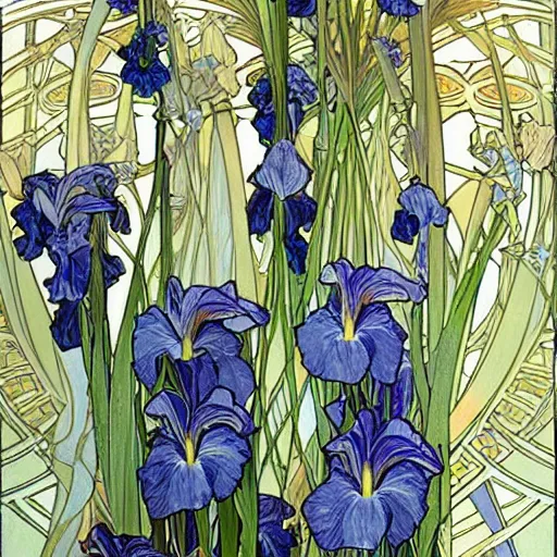 Prompt: a seamless pattern, a pattern of irises and calla lilies, repeating art, symmetry, aligned edges, art by alphonse mucha, art by sherree valentine daines