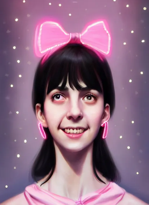 Image similar to portrait of teenage girl, realistic, black hair, bangs, half updo hairstyle, pointy nose, skinny, smile, ugly, defined jawline, big chin, pink hair bow, earrings, intricate, elegant, glowing lights, highly detailed, digital painting, artstation, sharp focus, illustration, art by wlop, mars ravelo and greg rutkowski