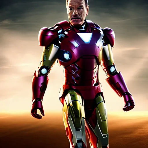 Prompt: bryan cranston wearing iron man armour, cinematic lighting, hd 4k photo