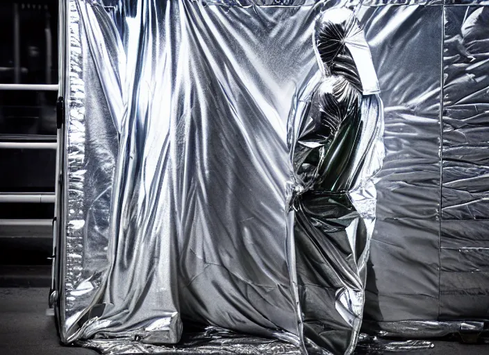 Image similar to man wrapped in foil standing on a buss cenimatic photography