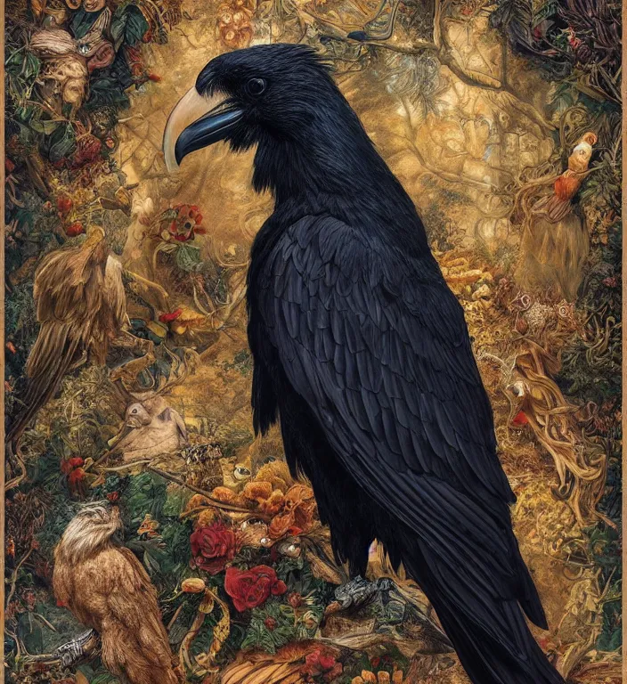 Image similar to a breathtakingly stunningly beautifully highly detailed animal portrait of a majestic raven, by rosetti and devinci and michael cheval and sidney cooper and turner, 4 k