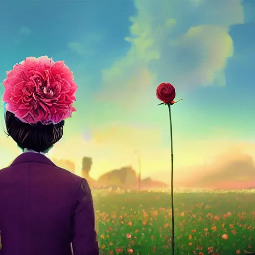 Image similar to portrait, giant rose flower head, girl in a suit, surreal photography, sunrise, blue sky, dramatic light, impressionist painting, digital painting, artstation, simon stalenhag