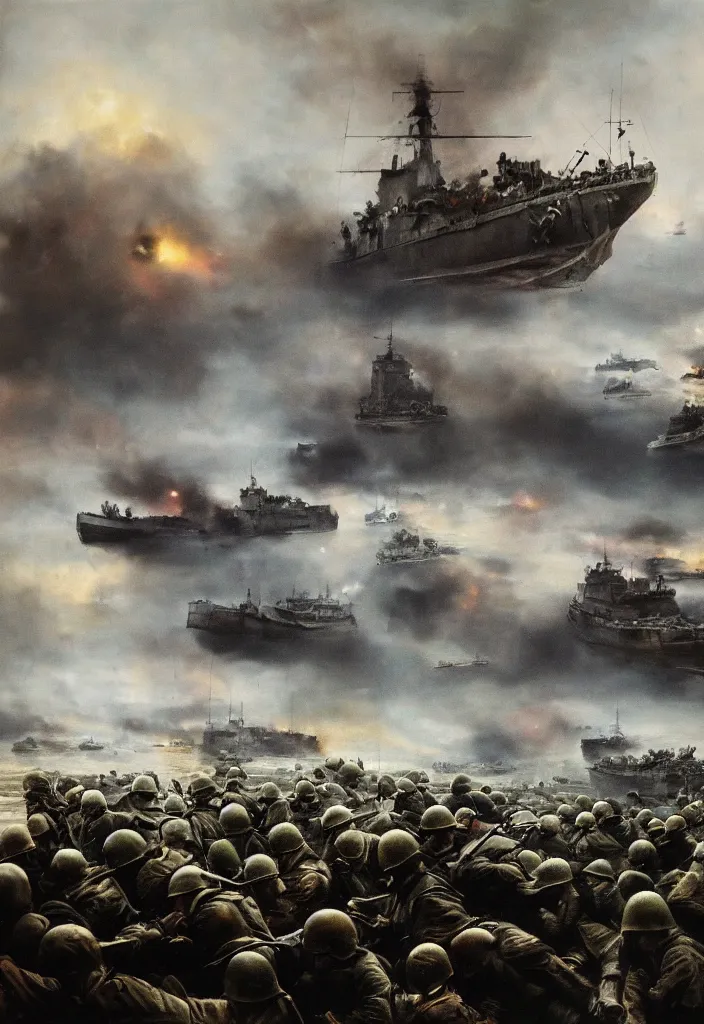 Prompt: high quality oil painting of The World War II D-Day invasion of Normandy, year 1944, by Rembrandt and Raymond Swanland, dark background, perfect lighting, 4k, 8k, HD