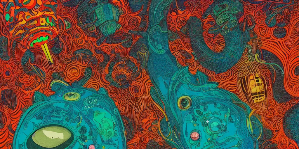 Prompt: 7 0 s colourful afrofuturist biomorphic opart, 6 0 s space age design photography, future retro, manta ray, mantis head monster god temple, mandlebulb tiny intricate details, kilian eng, pascal blanche, dan mcpharlin, complex wes wilson, roger dean, arthur rackham, beksinski, greg hildebrandt, scifi, 8 k