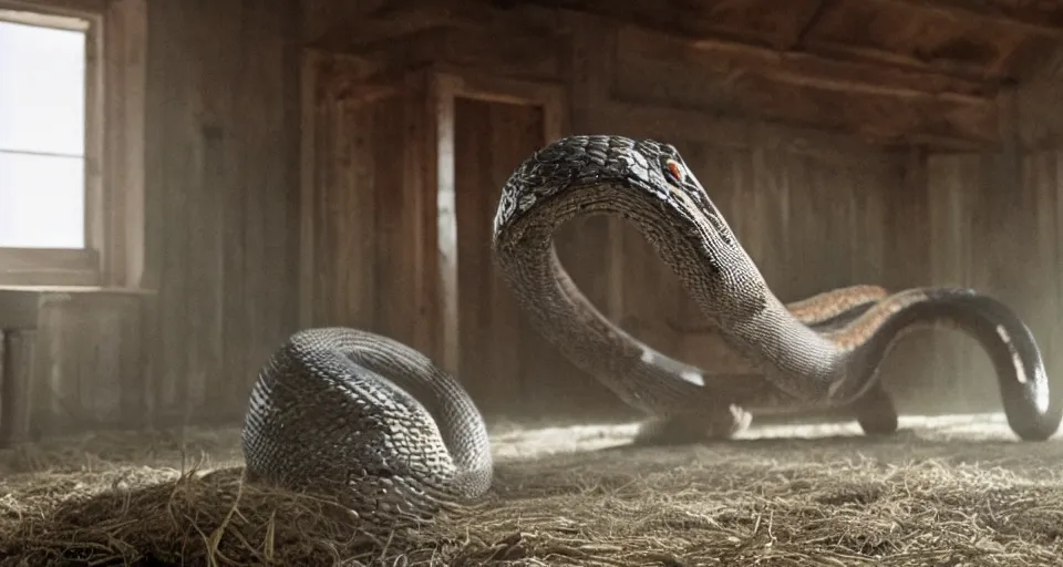 Image similar to film still of a movie about a giant viper that terrorizes a farm house directed by Denis Villeneuve