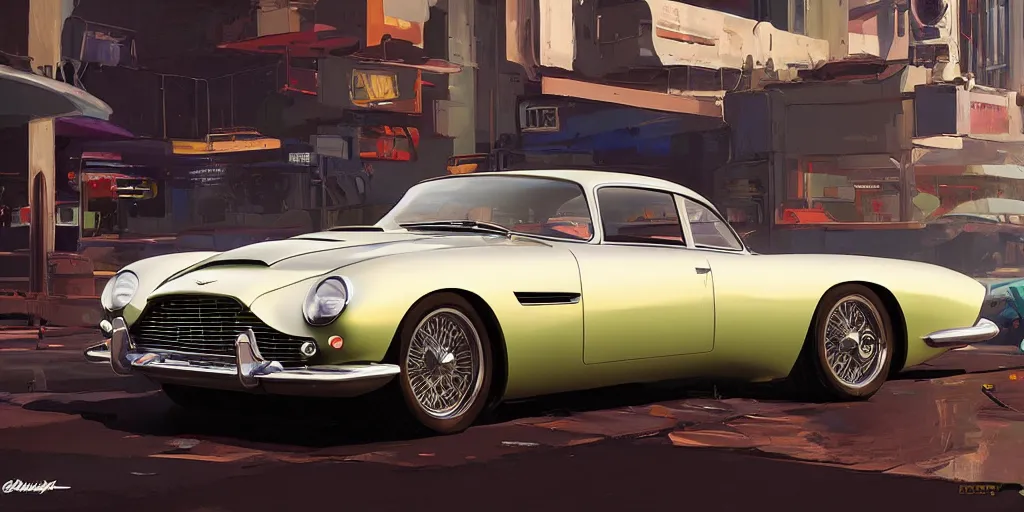 Image similar to art style by Ben Aronson and Edward Hopper and Syd Mead, wide shot view of the Cyberpunk 2077, on ground level. full view of the Aston Martin DB4 1958 with wide body kit modification and white pearl holographic paint.