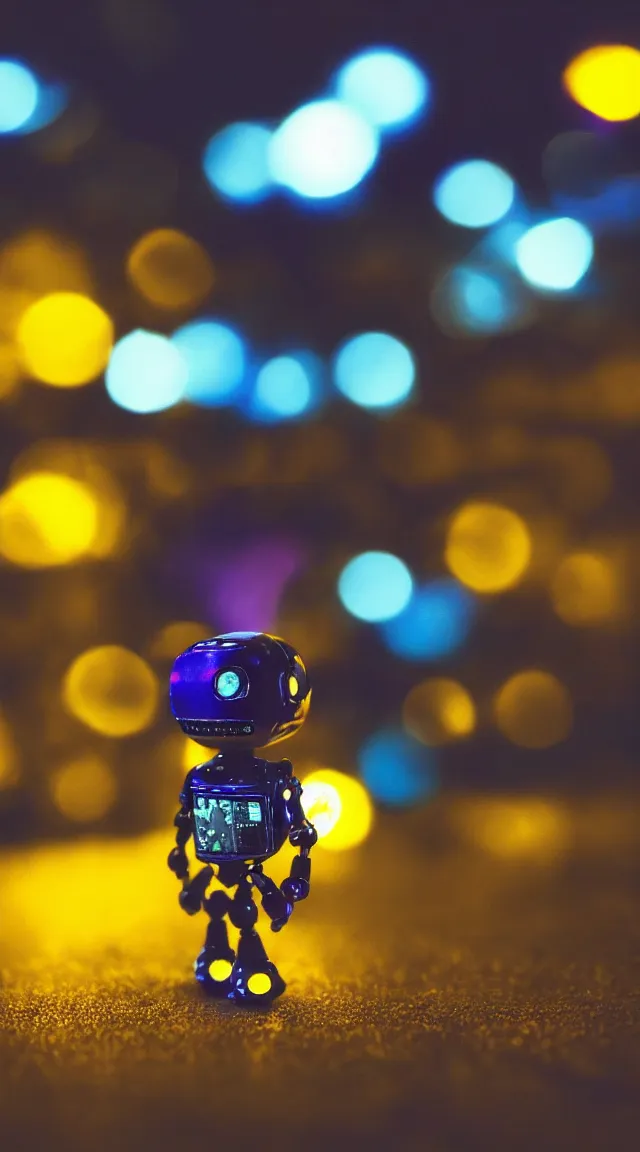 Image similar to tiny robot in the dark, hrd, hyperrealistic, hyper detailed, tiny, lights, bokeh, yellow, purple, blue,