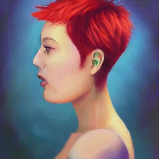 Prompt: beautiful oil painting of a fat woman with a red pixie cut, beautiful eyes, cute fact, volumetric lights, highly detailed, concept art, sharp focus, beautiful face