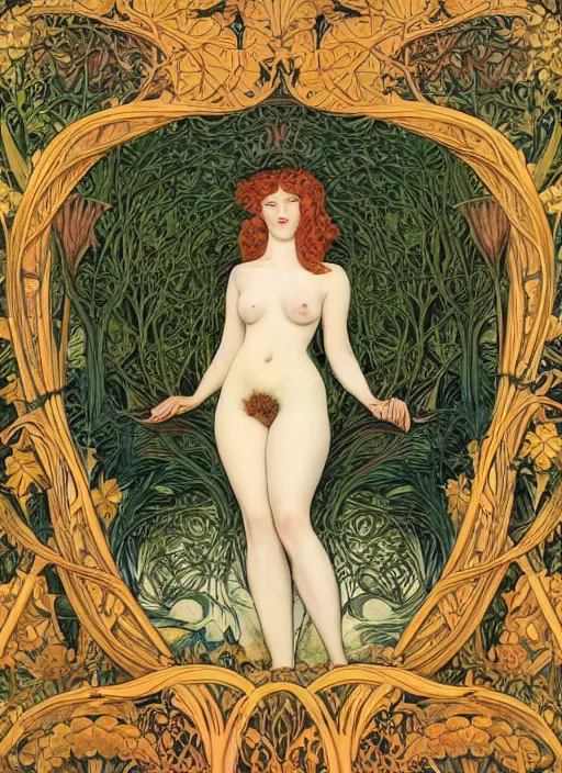 Prompt: masterpiece beautiful seductive flowing curves pinup pose preraphaelite face portrait photography, extreme close up shot, straight bangs, thick set features, yellow ochre ornate medieval dress, kay nielsen, amongst foliage mushroom forest circle arch, william morris and kilian eng and mucha, framed, 4 k