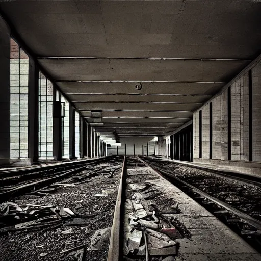 Prompt: “photograph of an abandoned penn station, dusty, dark, liminal space, high res, high quality”