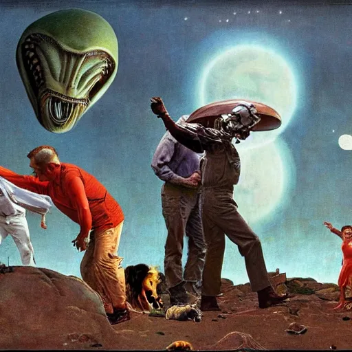 Image similar to alien invasion as a Norman Rockwell Painting