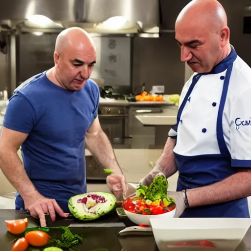 Image similar to Cook Chief Kevin O'Leary cooking a greek salad, in Shark Tank (2016), 50mm photography