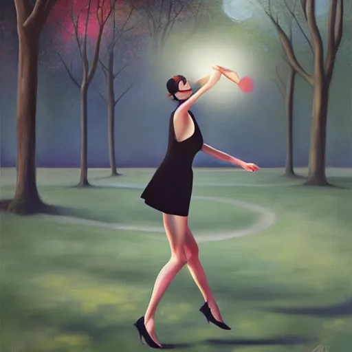 Image similar to woman juggling in the park. Oil painting. Digital painting. Art station. Mood lighting. highly detailed, concept art, intricate, sharp focus, einar jonsson , man ray