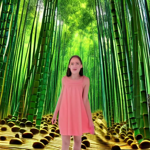 Prompt: A giantess with a beautiful face,green eyes,cute nose and pink lips, wearing a sundress and sandals, walking in a bamboo forest ,detailed body and eyes,proper anatomy, bamboo forest in the background, beautiful lighting,,digital art , highly detailed , high contrast, beautiful lighting, award winning , trending on art station, 8k, photo realistic,unreal engine 5