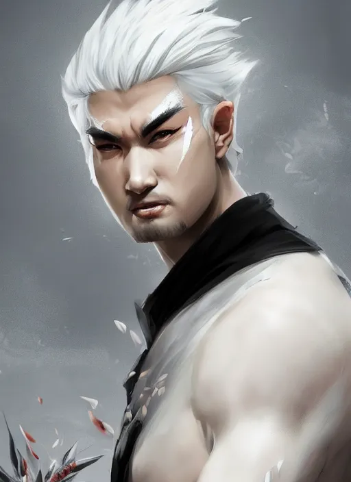 Image similar to a highly detailed illustration of white haired fierce asian man with short white hair parted down middle, wearing white kimono with black shirt, with black sclera eyes, heroically battle posing, muscular, intricate, elegant, highly detailed, centered, digital painting, artstation, concept art, smooth, sharp focus, league of legends concept art, WLOP