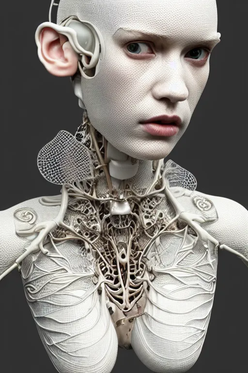 Prompt: complex 3d render ultra detailed of a beautiful porcelain profile Grimes face, biomechanical cyborg, analog, 150 mm lens, beautiful natural soft rim light, big leaves and stems, roots, fine foliage lace, silver dechroic details, massai warrior, Alexander Mcqueen high fashion haute couture, pearl earring, art nouveau fashion embroidered, steampunk, intricate details, mesh wire, mandelbrot fractal, anatomical, facial muscles, cable wires, microchip, elegant, hyper realistic, ultra detailed, octane render, H.R. Giger style, volumetric lighting, 8k post-production