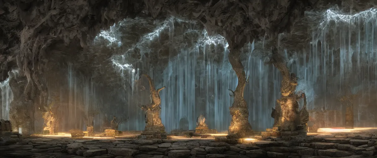 Image similar to a fantasy elven hall interior in the style of a waterfall cave, huge Greek statues, wet floors, high ceiling, dark moody lighting, foggy atmosphere, bright colors, by Denis Villeneuve, octane rendering