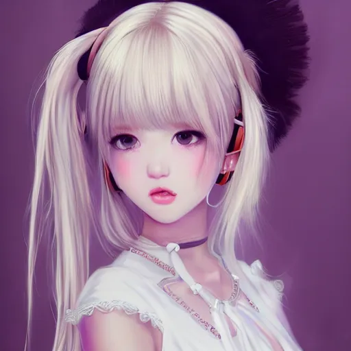 Image similar to realistic detailed semirealism beautiful gorgeous cute Blackpink Lalisa Manoban wearing white camisole maid outfit maid costume, white hair white cat ears blue eyes, headphones, black leather choker full HD 4K high resolution quality WLOP, Aztodio, Taejune Kim, Guweiz, Pixiv, Instagram, Artstation