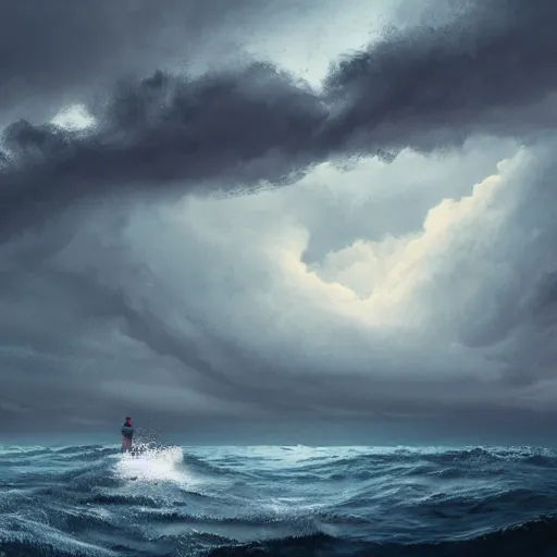 Image similar to a single man on a boat who is amazed by the beauty of a huge storm in the middle of the sea that is about to absorb him and end his life, illustration, digital art, d & d, trending on art station, masterpiece