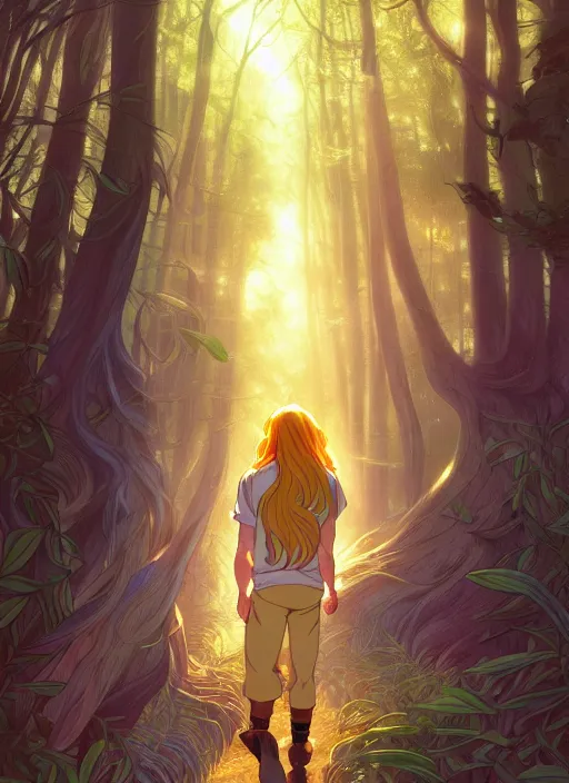 Image similar to book cover design, slender young man with long golden blond hair, shiny and sparkling, from behind, back shot, lost in a magical forest, natural lighting, path traced, highly detailed, high quality, cartoon, digital painting, by don bluth and ross tran and studio ghibli and alphonse mucha