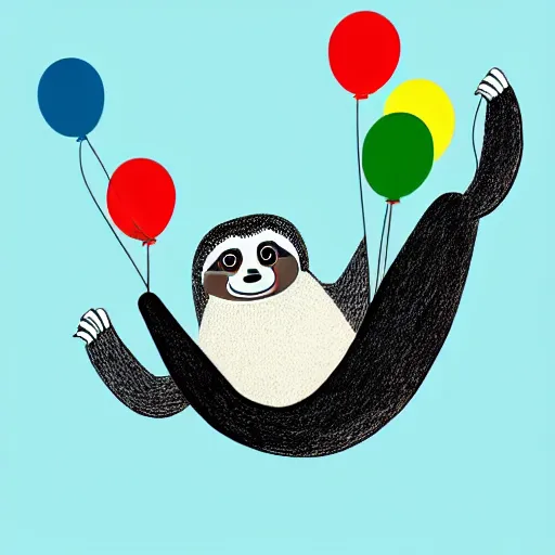 Prompt: book illustration of a sloth holding balloons, book illustration, monochromatic, white background