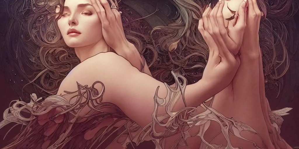 Prompt: beautiful woman is turning into an angel, dark surrealism, intricate, elegant, highly detailed, artstation, concept art, smooth, sharp focus, illustration, art by artgerm and moebius and alphonse mucha