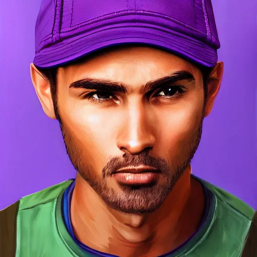 Image similar to a detailed portrait of a man wearing a purple cap art illustration, incredibly highly detailed and realistic, 8 k, sharp focus