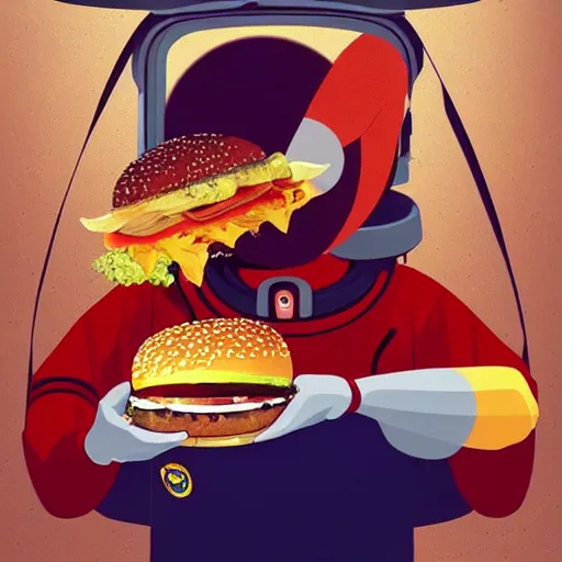 Image similar to a humanoid chicken!!!!! astronaut eating a burger while floating inside of a space station, golden ratio!!!!!, centered!!!!!, trending on artstation, cgsociety contest winner, 4 k quality, digital art, anime style, studio ghibli!!!!!