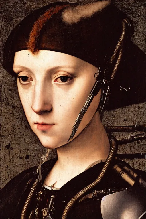 Prompt: a close - up portrait of a cyberpunk cyborg girl, by hans holbein the younger, rule of thirds