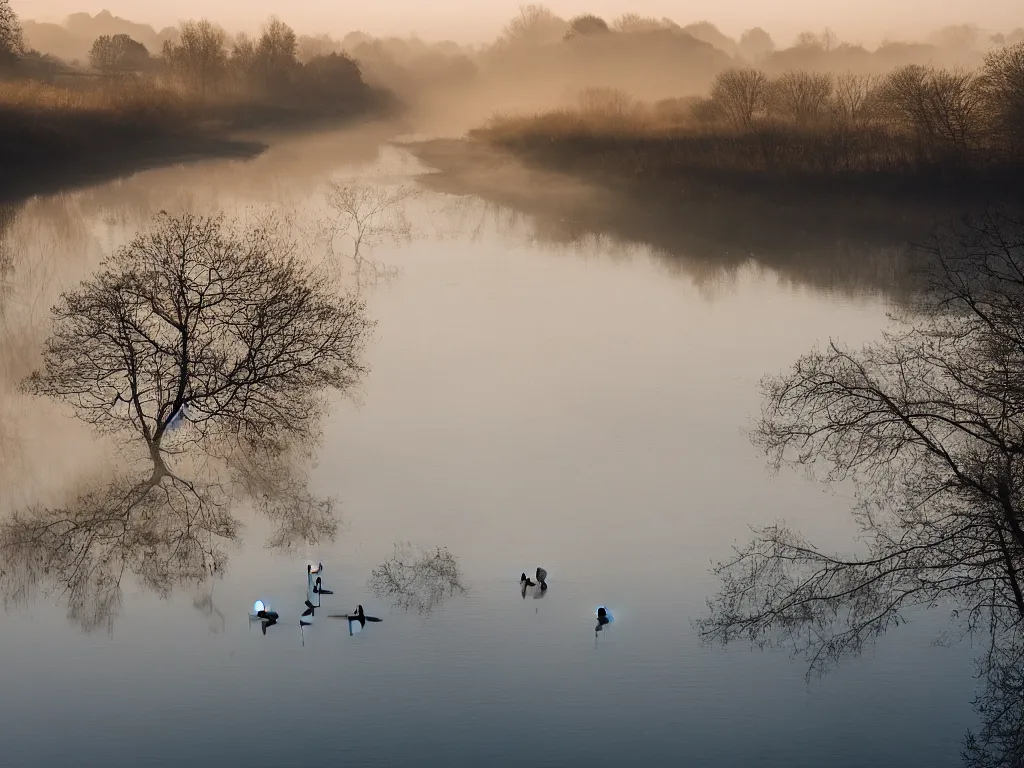 Image similar to A landscape photo taken by Kai Hornung of a river at dawn, misty, early morning sunlight, cold, chilly, two swans swim by, rural, English countryside