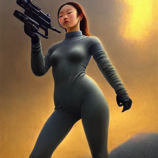 Image similar to a ultradetailed beautiful painting of a girl holding a gun on rio de janeiro by cheng hsiao - ron, ngai victo, jean delville by wlop and dougherty patrick, trending on artstation, sci fi, futurism, post capitalism, octane rendering, sharp focus