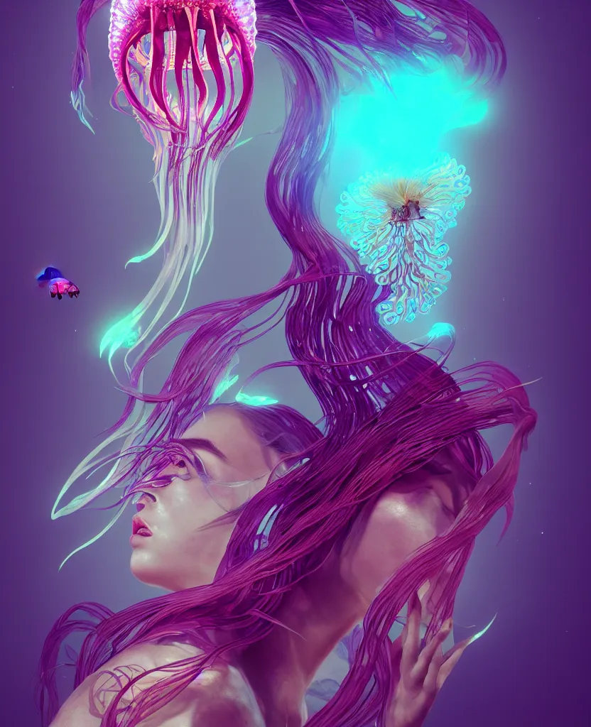 Image similar to goddess close-up portrait. orchid jellyfish phoenix head, nautilus, skull, betta fish, bioluminiscent creatures, intricate artwork by Tooth Wu and wlop and beeple. octane render, trending on artstation, greg rutkowski very coherent symmetrical artwork. cinematic, hyper realism, high detail, octane render, 8k