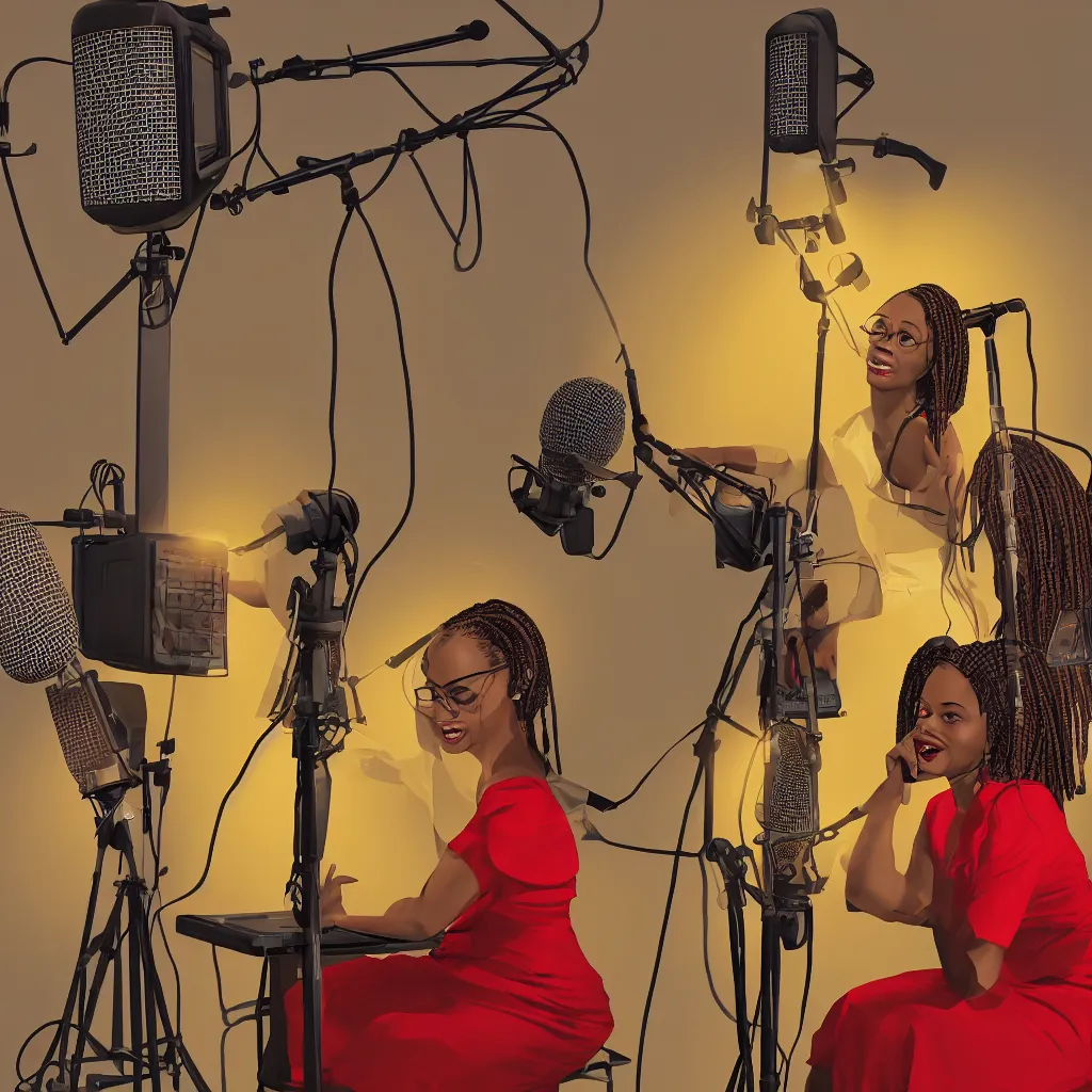 Image similar to illustration of a light-skinned black woman wearing cornrows sings into a microphone in a studio, medium shot, she is wearing a red dress, sitting on a stool, and 4 or 5 yellow lamps are hanging around her, ambient light, unreal engine, Bijou Karman