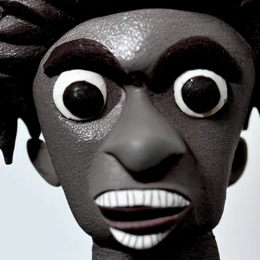 Image similar to a cartoon claymation medium close up sculpture of Playboi Carti, in the style of Tim Burton, black and white, high contrast