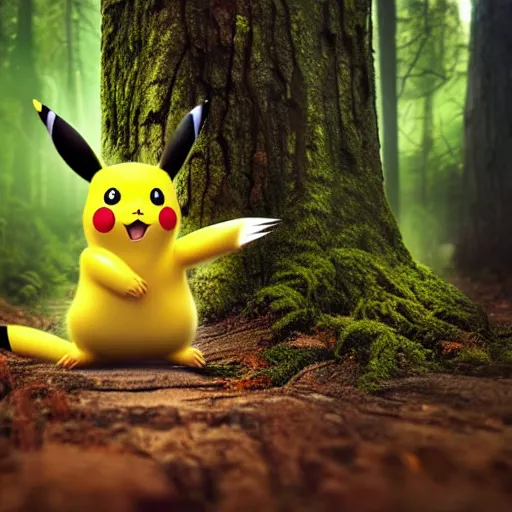 Prompt: very very intricate photorealistic photo of pikachu in a forest, photo is in focus with detailed atmospheric lighting, award - winning details