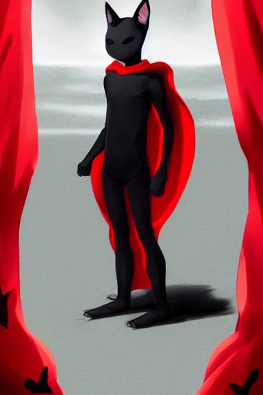 Image similar to little boy with cat ears in an black outfit with red cape. digital artwork made by lois van baarle and kentaro miura and marc simonetti, sharpness focus, inspired by hirohiko araki and noir film, anatomically correct, heroic composition, hero pose, smooth