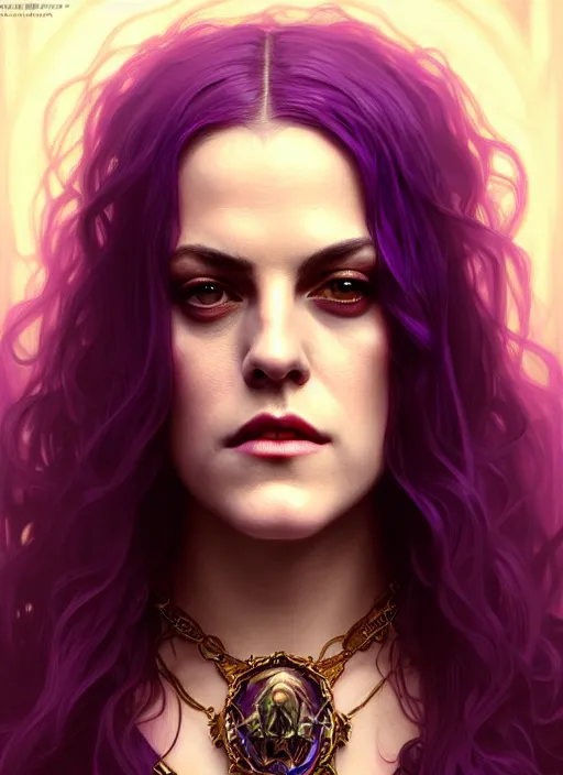 Image similar to portrait of riley keough as a vampire queen, jewelry, greek, purple, intricate, headshot, highly detailed, digital painting, artstation, concept art, sharp focus, cinematic lighting, illustration, art by artgerm and greg rutkowski, alphonse mucha, cgsociety